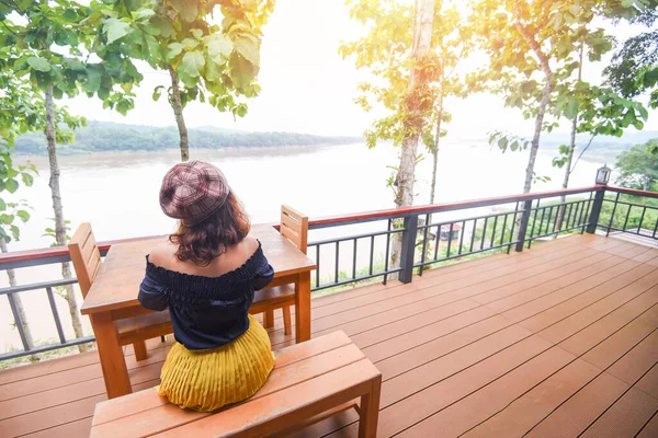 Woman Sitting Chair Balcony Nature View Tree Forests Rivers Morning — Stock Photo, Image
