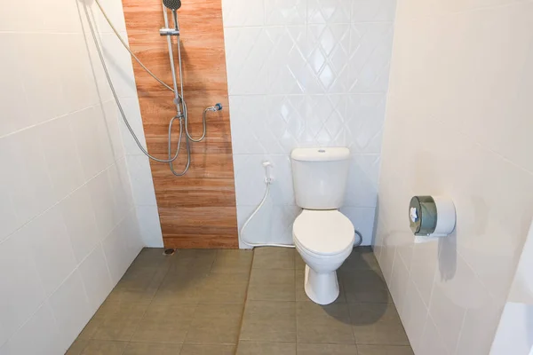 Room Interior Simple Half Bathroom Toilet Bath Shower White Sanitary — стоковое фото
