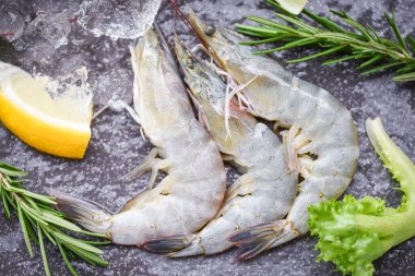 Deniz ürünleri restoranında dondurulmuş çiğ karides, ahşap kesme tahtasındaki taze karides, biberiye içerikli bitki ve deniz ürünleri pişirmek için baharat.