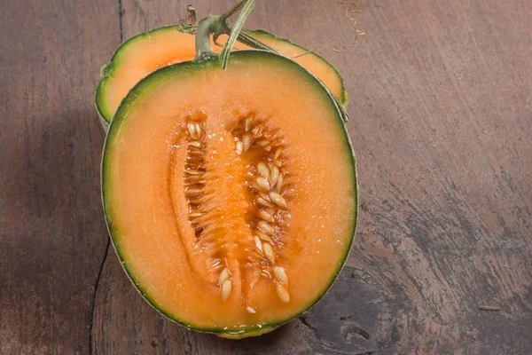Cantaloupe Melon Frukt Isolerade Trä Bakgrund — Stockfoto