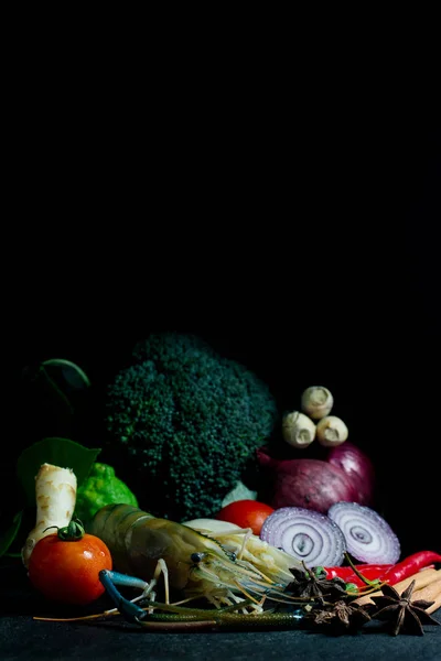 Shrimp with vegetables Before cooking on Black background