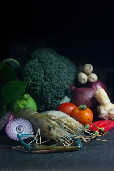 Shrimp with vegetables Before cooking on Black background