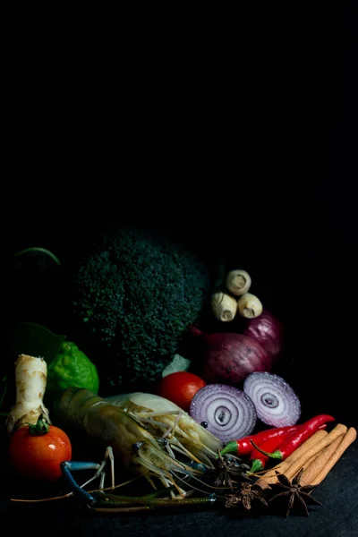 Shrimp with vegetables Before cooking on Black background