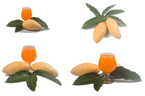 Mango Fresco Giallo Foglie Con Succo — Foto Stock