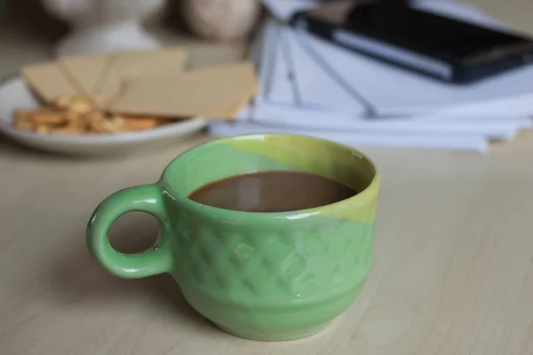 Café Avec Pain Matin Sur Bureau Pour Travail — Photo