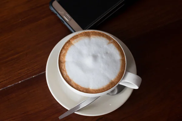 Heißer Kaffee Keramikglas Auf Holztisch — Stockfoto