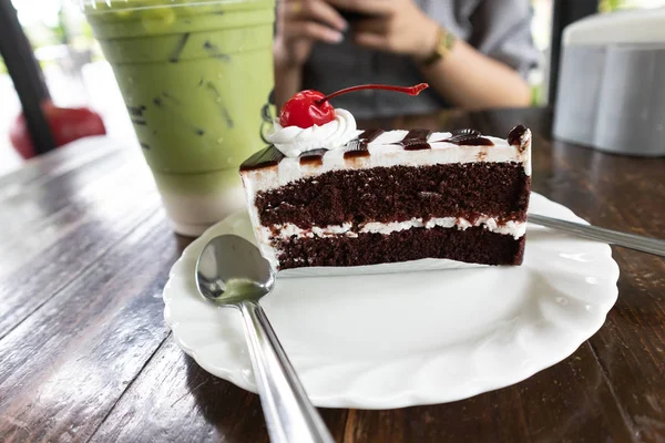 Delicious Chocolate Cake Sherry White Plate — Stock Photo, Image