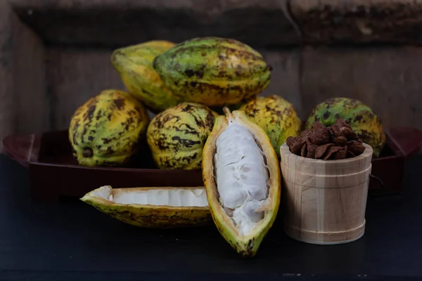Fresh cacao fruit with cocoa crunch (Products Production from cacao)