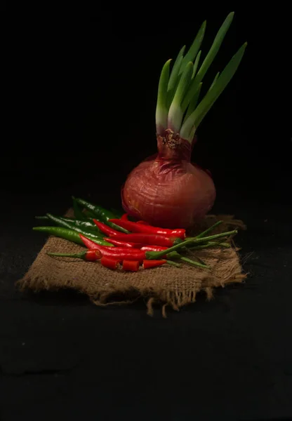 Frisches Chili Mit Zwiebeln Keimt Isoliert Auf Schwarzem Hintergrund — Stockfoto