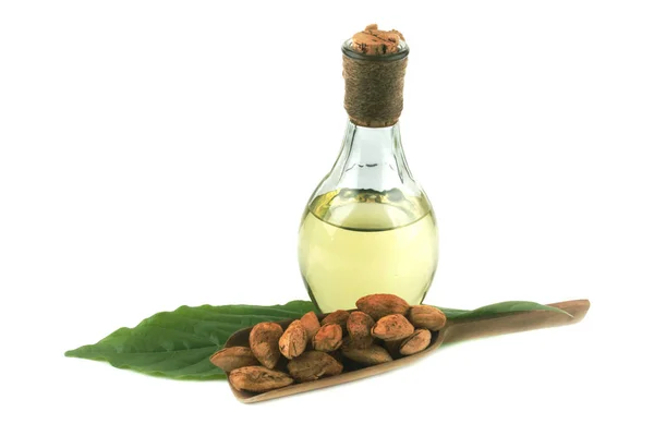 Aceite Almendra Frasco Vidrio Con Aislado Semilla Almendra Blanco — Foto de Stock