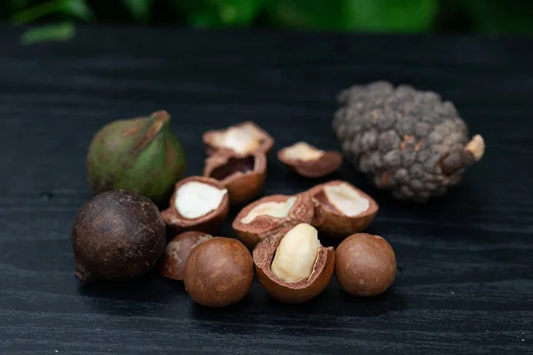 Macadamia Fruit Met Bloemen Van Pine Geïsoleerd Groene Blad Achtergrond — Stockfoto