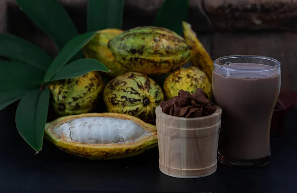 Fresh cacao fruit with cocoa crunch (Products Production from cacao)