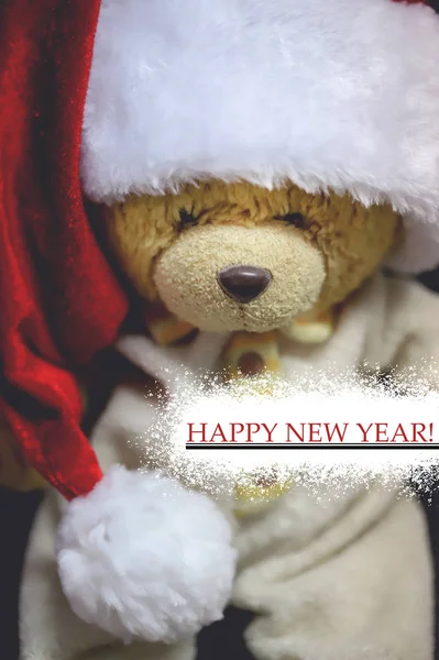 Teddy Bear Santa Claus Hat Happy New Year Gift Card — Stock Photo, Image