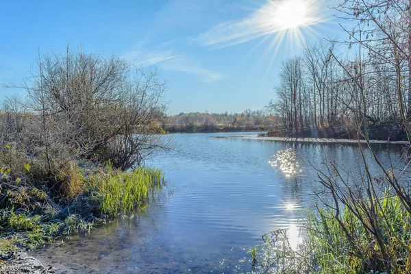 Fin Automne Reflet Soleil Dans Rivière — Photo