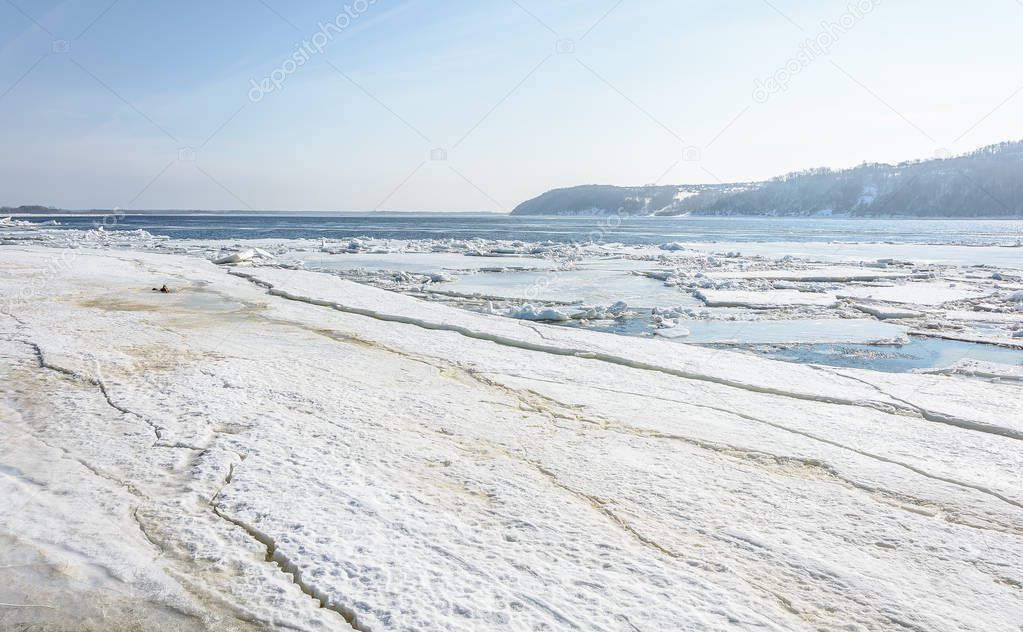 Huge chunks of ice on the river during the ice drift