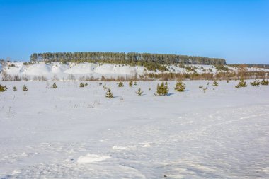 Çevresindeki alanları ve ormanları kışın karlı tepeler