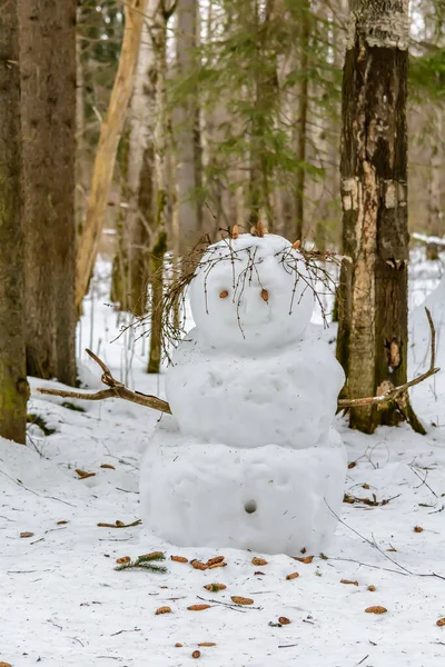 Figura Pupazzo Neve Trova Una Radura Nella Foresta — Foto Stock