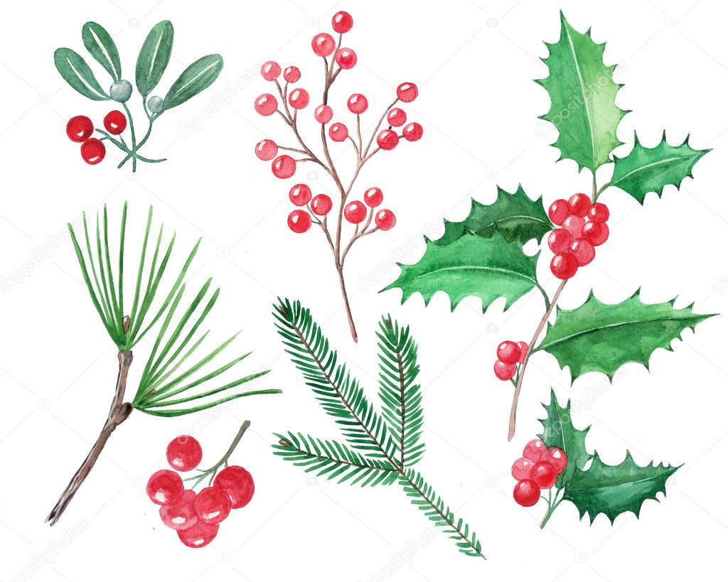 Set of Christmas elements, red berries, holly,  misletoe, hand drawn illustration, watercolor, isolated. Can be used for background, pattern fills, web page, pack, wallpaper.