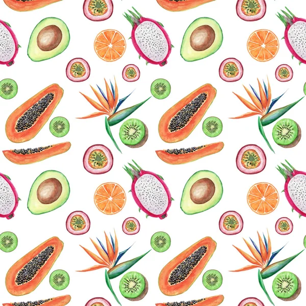 Tropisch Fruit Naadloze Patroon Aquarel Handgeschilderde Illustraties Avocado Papaya Oranje — Stockfoto