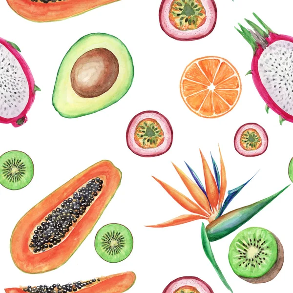 Aquarel Fruit Naadloze Patroon Handgeschilderde Illustraties Avocado Papaya Oranje Kiwi — Stockfoto