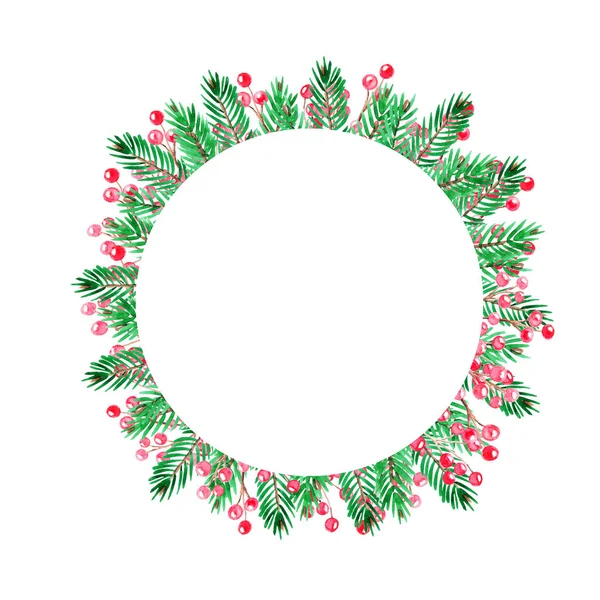 圣诞圆框架与绿色痛苦分支和红色浆果 — 图库照片