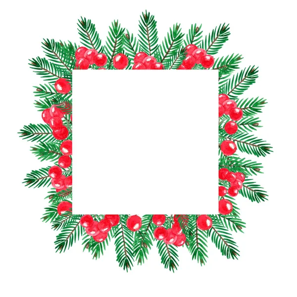 Weihnachtsrahmen Mit Grünen Zweigen Und Roten Beeren — Stockfoto