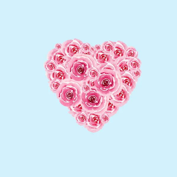 Heart Symbol Watercolor Flowers Roses Isolated Blue Background Valentine Day — Stock Photo, Image