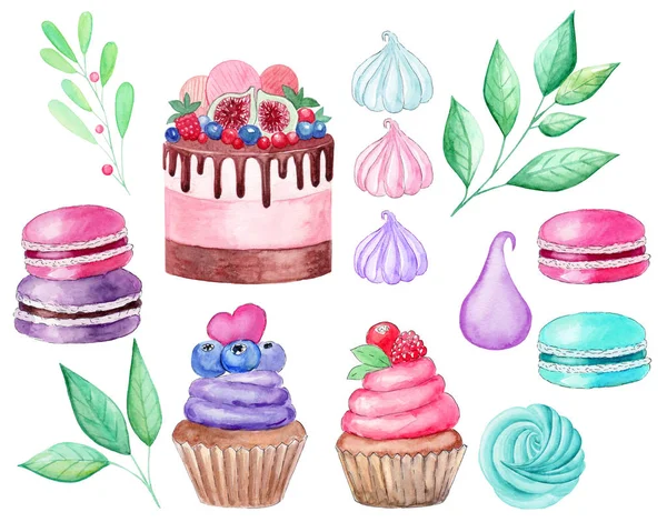 Set Gâteau Cupcake Macarons Guimauves Branches Aquarelle Illustration Sur Fond — Photo