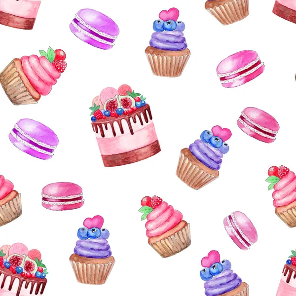 Kuchen Cupcake Macarons Musterillustration Aquarell Auf Weißem Hintergrund Design Für — Stockfoto