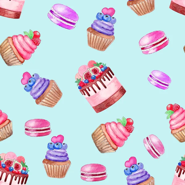 Kuchen Cupcake Macarons Musterillustration Aquarell Auf Blauem Hintergrund Design Für — Stockfoto