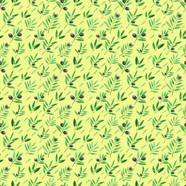 Seamless pattern with watercolor olive branches. Hand drawn illu — Stock Photo, Image