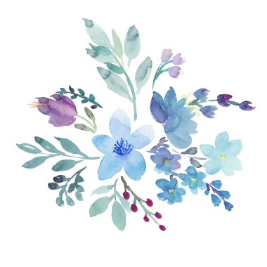 Mavi, mor çiçekler, mavi böğürtlen ve yeşil yapraklı boho suluboya çizimi. 