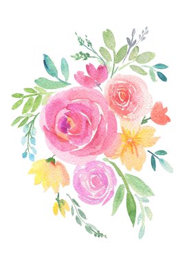 El çizimi boho suluboya çiçekli pembe ve sarı çiçekli, yeşil dallı, yapraklı. Beyaz arka planda suluboya güller. İzole edilmiş