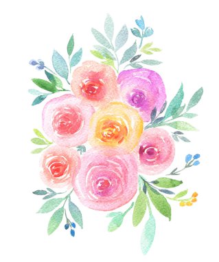 El çizimi boho suluboya çiçekli pembe ve sarı çiçekli, yeşil dallı, yapraklı. Beyaz arka planda suluboya güller. İzole edilmiş