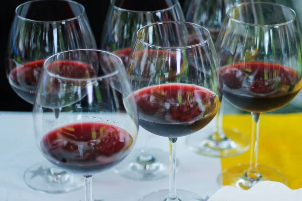 Red wine in large glass glasses. picnic in nature. — Stock Photo, Image