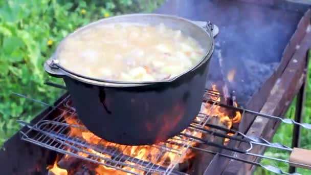 Cozinhando sobre uma fogueira. comida na campanha. carne assada, batatas e cenouras em uma panela no fogo . — Vídeo de Stock