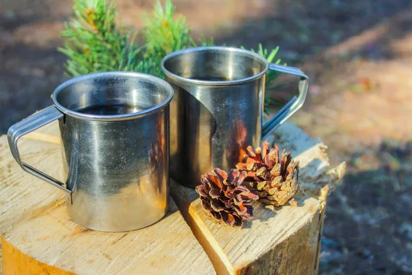 Camping Nature Tourist Iron Mugs Forest Herbal Tea Cooked Fire — Stock Photo, Image