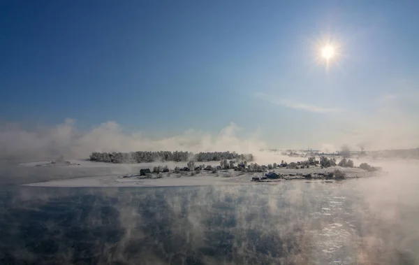 Island in the city of Irkutsk on the Angara River in winter in January