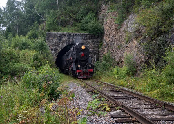 Parní Lokomotiva Železniční Trati Cirum Baikal Poblíž Jezera Baikal Východní — Stock fotografie