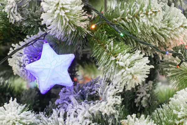 Spielzeug Blauer Stern Leuchtet Auf Dem Ast Eines Weihnachtsbaums — Stockfoto