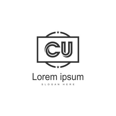 Modern çerçeveli ilk Cu logo şablonu. Minimalist Cu harf logo vektör illüstrasyon