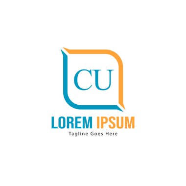 Modern çerçeveli ilk Cu logo şablonu. Minimalist Cu harf logo vektör illüstrasyon