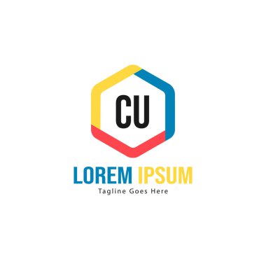 Modern çerçeveli ilk Cu logo şablonu. Minimalist Cu harf logo vektör illüstrasyon