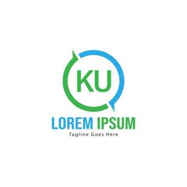 Modern çerçeveli ilk Ku logo şablonu. Minimalist Ku harf logo vektör illüstrasyon