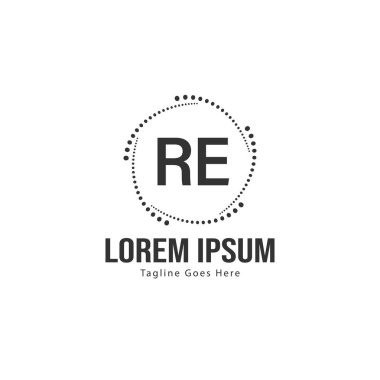Modern çerçeveli İlk Re logo şablonu. Minimalist Re harf logosu vektör illüstrasyon