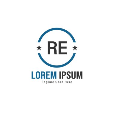 Modern çerçeveli İlk Re logo şablonu. Minimalist Re harf logosu vektör illüstrasyon
