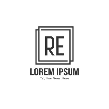 Modern çerçeveli İlk Re logo şablonu. Minimalist Re harf logosu vektör illüstrasyon