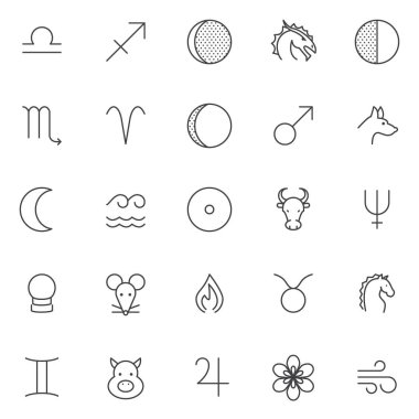 Astroloji ve zodyak işaretleri Icons set anahat. Doğrusal stil semboller koleksiyonu, hat paketi imzalar. vektör grafikleri. Terazi, yay, azalan hilal, ejderha, akrep yılı olarak simgeler içerir