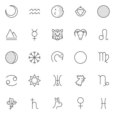 Astroloji anahat simgelerini belirlemek. Doğrusal stil semboller koleksiyonu, hat paketi imzalar. vektör grafikleri. Simgeler olarak hilal ay, kova burcu, dünya doğa eleman, Merkür, Başak kümesi içerir 