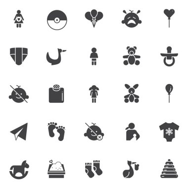 Bebek vektör simgeler kümesi, modern katı simgesi toplama, dolgulu tarz piktogram paketi. İşaretler, logo illüstrasyon. Simgeleri içeren küme olarak hamile pokeball, parti balonları, ağlayan bebek, uçan leylek, Bebek bezi